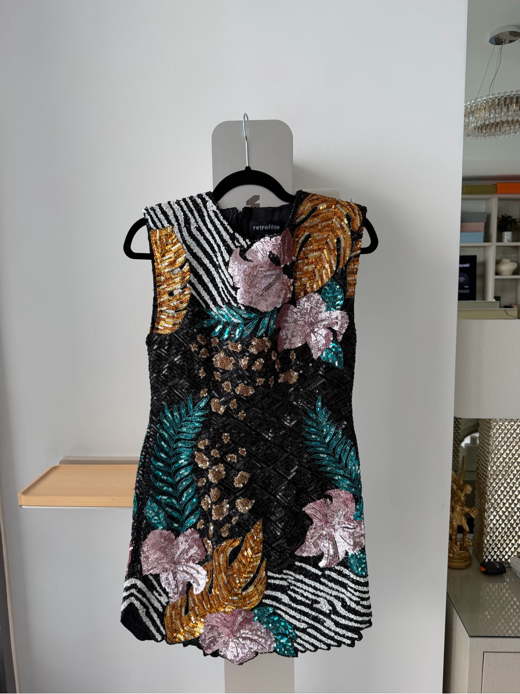 Retrofete Black Sequin Tropical Shift Dress With Pink & Gold Accents